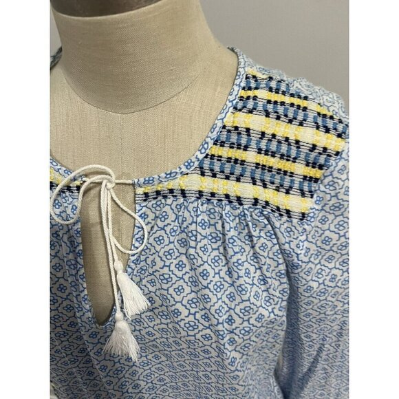 J. McLaughlin Tunic Top Small Tassel Boho Embroidered Blue White Yellow - Picture 5 of 7